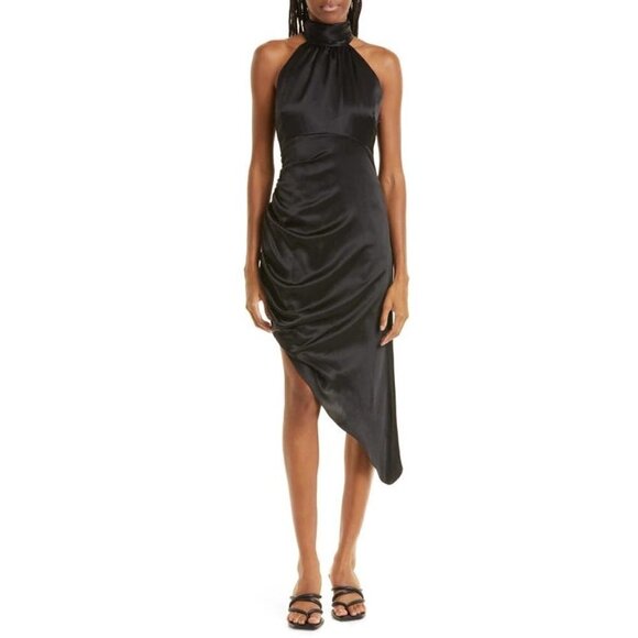 Cinq a Sept Naya Ruched Asymmetric Silk Dress Black Womens Size 8 - Picture 1 of 10